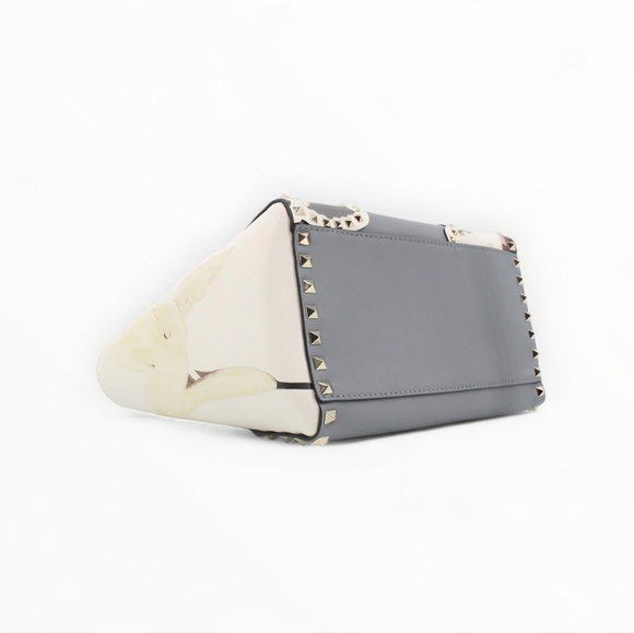 Valentino Garavani Floral Rockstud Crossbody 2way Tote Bag Gray Cream Leather - Picture 6 of 10